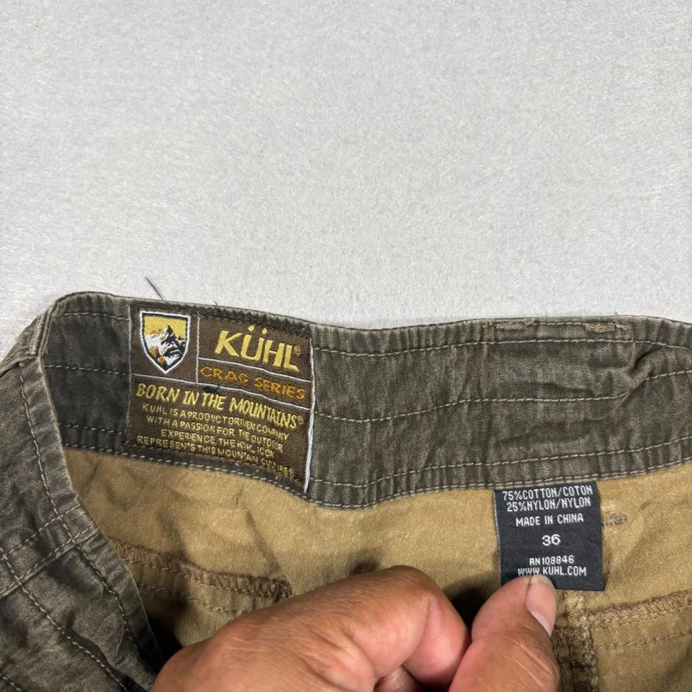Kuhl Crag Series Mens 36 Cargo Shorts Olive Green Canvas Hiking Utility Outdoor